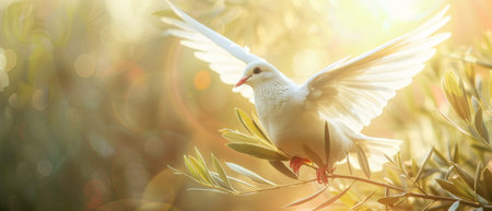 Clipart image of a white dove holding an olive branch on a beautiful light. Freedom concept and international day of peace..の素材