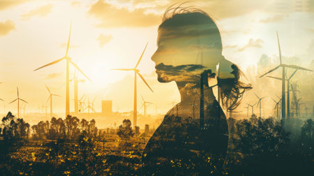 Graph of wind turbine farm on a double exposure. A concept of alternative energy development for sustainability..の素材