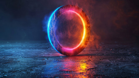 Blog on gray background. Concept logo blog with letter O in the form of ring light or RGB circle lamp for video blogging. Multicolor neon social network symbol on gray background.の素材