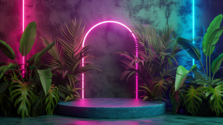 Backdrop for summer podium with tropical leaves and neon lights. 3D rendering..の素材