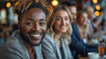 During a coffee break in the office, a multi-ethnic group of business people are laughing happily and chatting happily.の素材