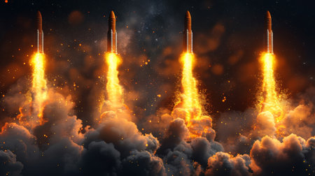 Rocket fire and smoke trails, modern realistic spacecraft startup launch elements. Space rocket launch jet fire flames, airplane shuttle contrails, isolated on transparent background.の素材