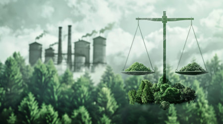 A graphic of a balancing scale between factory and forest to illustrate a concept of environmental conservation or ecologyの素材