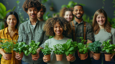 A group of volunteers with sprouts to grow.の素材