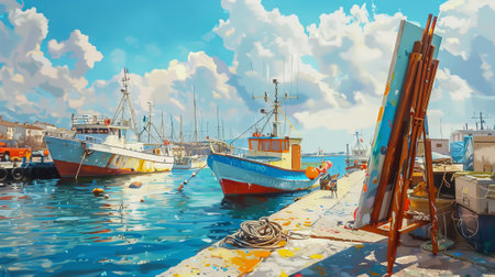 Easel painting at harbor in front of boats.の素材