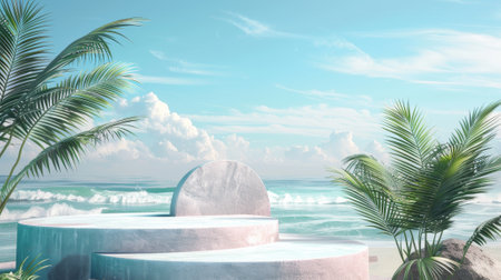The rendering shows an abstract summer beach scene with a podium backdrop..の素材