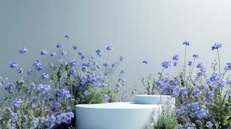 Stunning podium backdrop with spring blue flowers landscape scene in 3D..の素材