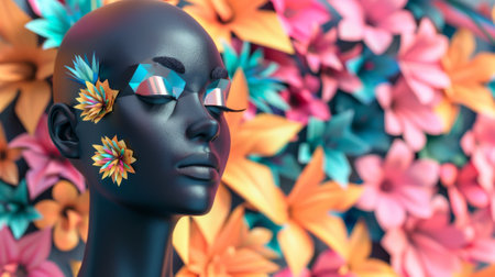Render, black bald woman with paper flowers on a hexagonal geometric shape. Trendy fashion concept with colorful holographic foil texture.の素材
