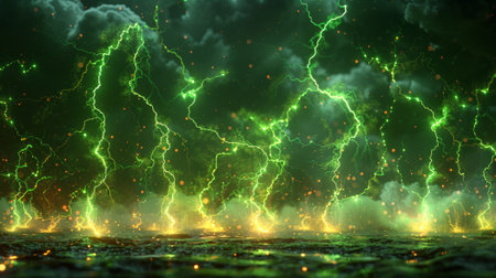 Lightning, thunderbolt strikes isolated on black background. Horizontal ground cracks with magic green glow. Electric impact, sparks of thunderstorm at night.の素材