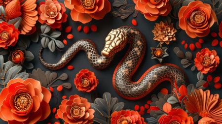 This is a happy Chinese New Year 2025 for the year of the snake zodiac sign with flower, lantern, pattern, clouds, Asian elements on red, gold paper cut style. (Translation: Happy Chinese New Year.の素材