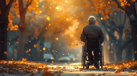 An elderly man is being pushed in a wheelchair by his caregiver.の素材