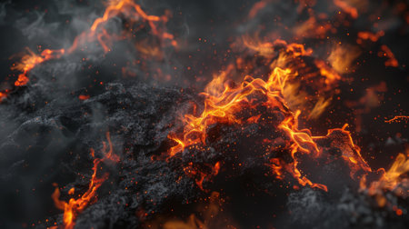 Rendering in 3D, abstract black background with blazing firesの素材