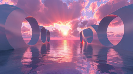 Stunning panorama display with a 3D render, abstract fantasy background. A calm seaside under a pink sky and clouds with round mirrors.の素材