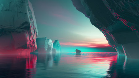 This abstract wallpaper shows a surreal futuristic landscape with calm water, cliffs, rocks, mountains, and a dramatic red sky.の素材