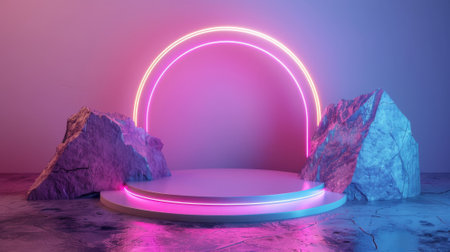 CAD rendering of a product presentation with stone, glowing arch, and podium.の素材