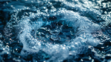 Sculpted modern caustic drop motion effect on liquid surface. Set of concentric circles in puddle. Abstract smooth graphic aqua texture.の素材