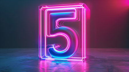 This is a 3D render of a pink blue neon number five inside a square box glowing in ultraviolet lightの素材