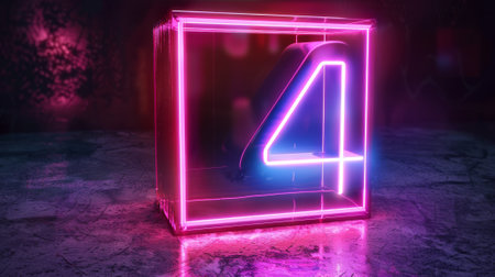 An ultraviolet-emitting digital symbol is inside a square box glowing pink and blue neon number four, a 3D render of that symbolの素材