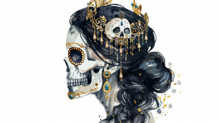 Vintage watercolor illustration of a gothic queen with black hair and gold earrings. Day of the dead clip art isolated on white.の素材