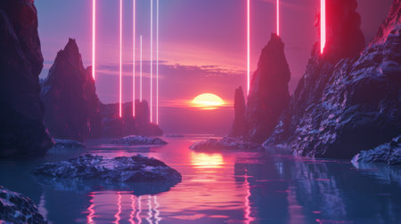 An abstract wallpaper with sunset or sunrise and neon glowing lines. A mystical landscape with rocks and reflections.の素材