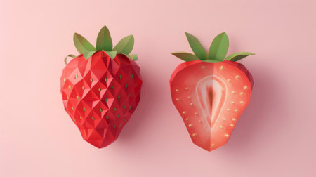 An illustration of ripe strawberries with one being whole and the other chopped.の素材