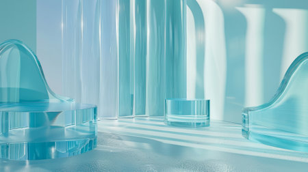In this 3D illustration, clear aqua-blue glass pedestals and wavy shapes are combined to create a minimalist background for cosmetic products and accessories.の素材