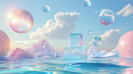 Scene design with 3D surreal seascape and glass podium. Stage floating on the water with crystal balls and flying plates of glass.の素材