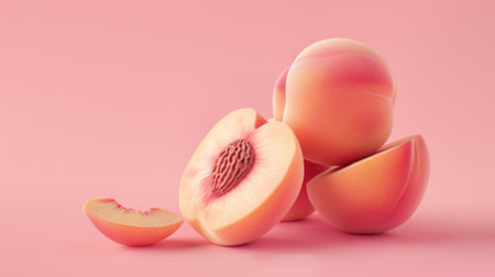 Featuring an illustrated white peach in its whole form, cut in half, and sliced, isolated in pastel colorsの素材