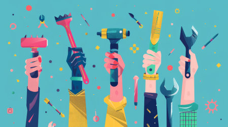 Illustration of female hands holding different profession tools under a banner of woman power.の素材