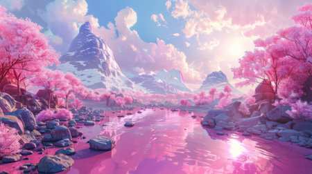 In 3D illustration, a pink colored river, mountain and stone are depicted in a dreamy landscape painting.の素材
