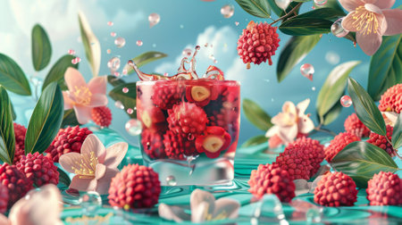 Embossed lychee tea ad template with unshelled lychees, leaves, and pulp with Chinese scenery background. Translation: lychee.の素材