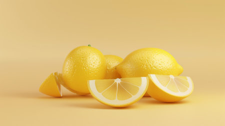 On an ivory background, a realistic-looking yellow lemon is illustrated as a whole fruit, half piece, and thin slice.の素材