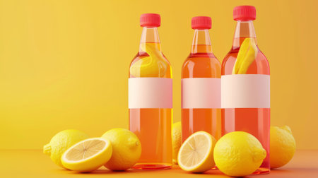 The mockup includes three red cap bottles with branding labels, another with blank labels, and another without labels.の素材