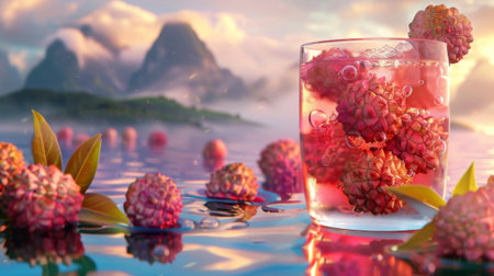 An ad poster for lychee black tea. 3D realistic lychee black tea on water surface with mountain landscape in the background.の素材