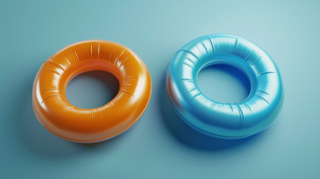Graphite graphic of two swimming rings on a blue background. Blue and orange swimming pool rings drawn in polygon style.の素材