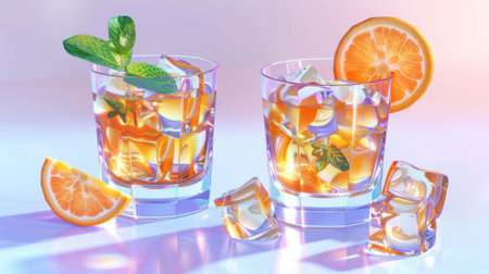 A set of two cocktail glasses with ice cubes, mint leaves, orange slices, and drinks.の素材