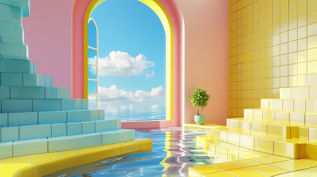 Detailed illustration of a 3D scene for displaying a product. Colorful stairs blocks in water for presentation. Arch window with sky views over yellow tiled background.の素材