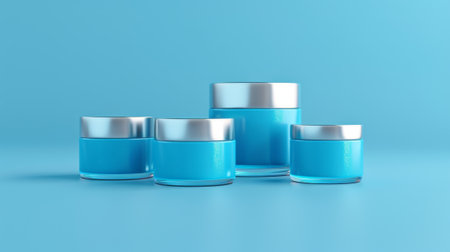Mockup of four jars of facial repairing cream in 3D on a blue background.の素材