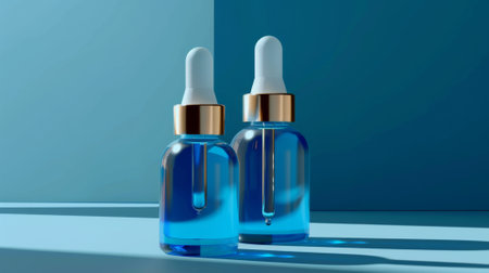 Bottle design for repairing serum package. Two droplets bottles mockup on blue background.の素材