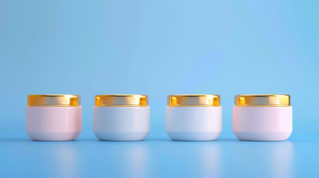 The package of repairing cream for the face. Four jars design mockup on a blue background in 3D.の素材