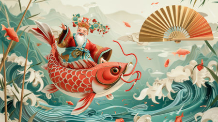 A Koi fish riding a god of wealth is flanked by a paper fan and bamboo. A festive Chinese new year element is set against a river background. Text: god of wealth spreading good fortune to the world.の素材