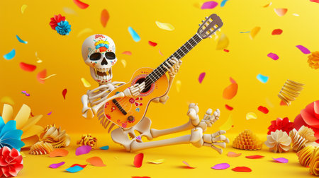 In a yellow background setting with papel picado, a beautiful skeleton is playing guitar on a stage with festive decorations and petals flying around.の素材