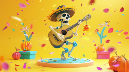Detailed illustration of skeleton playing guitar on stage with festive decoration and petals flying around. Yellow background with papel picado.の素材