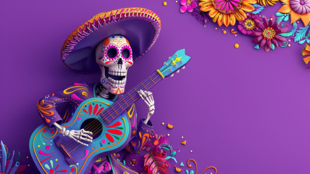 An illustration depicting a 3D skeleton playing guitar on a purple background with doodle design elements.の素材