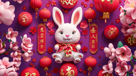 A paper scroll composition with Chinese greetings surrounded by festive Asian decorations set against a purple textured background. Text: Jade rabbits welcome spring. 2023.の素材
