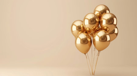 Isolated 3D golden birthday balloon on beige background.の素材