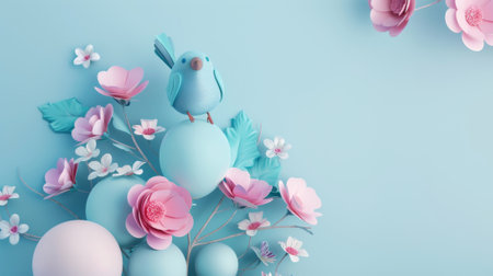 Birthday typographic banner with twisted balloon and flowers. Light blue background with blue bird and twig.の素材