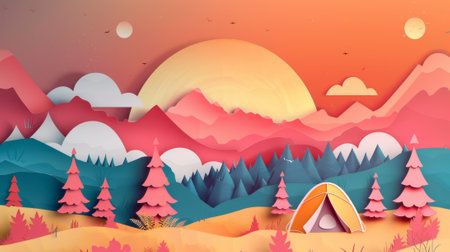 Explore the wild script design on papercut style landscape with camping scene settings.の素材