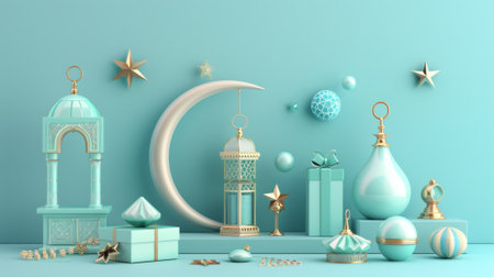 An Islamic holiday element set captured on a Turkish blue background. The set includes a crescent moon lamp, some ornaments, gifts, and geometric decorations.の素材
