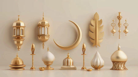 Contains crescent moon decor, display disk, rosary, golden leaves, Ramadan lantern, and geometric elements.の素材